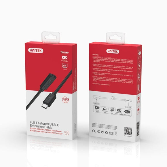 C14086BK - Unitek 0.5m USB 3.1 USB-C Male to USB-C Female Extension Cable.