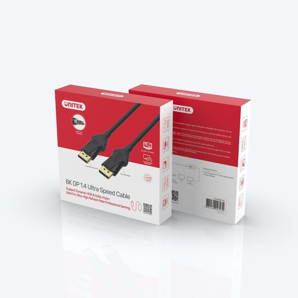 C1624BK-3M Unitek 3m DisplayPort V1.4 Cable Supports up to 8K @60Hz, 4K @144Hz,