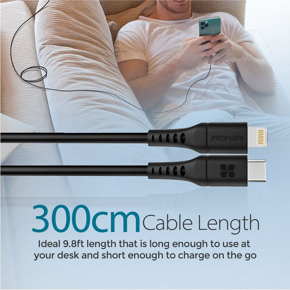 POWERLINK-300.BK - Promate 3m 20W PD USB-C to Lightning Charge & Sync Cable.