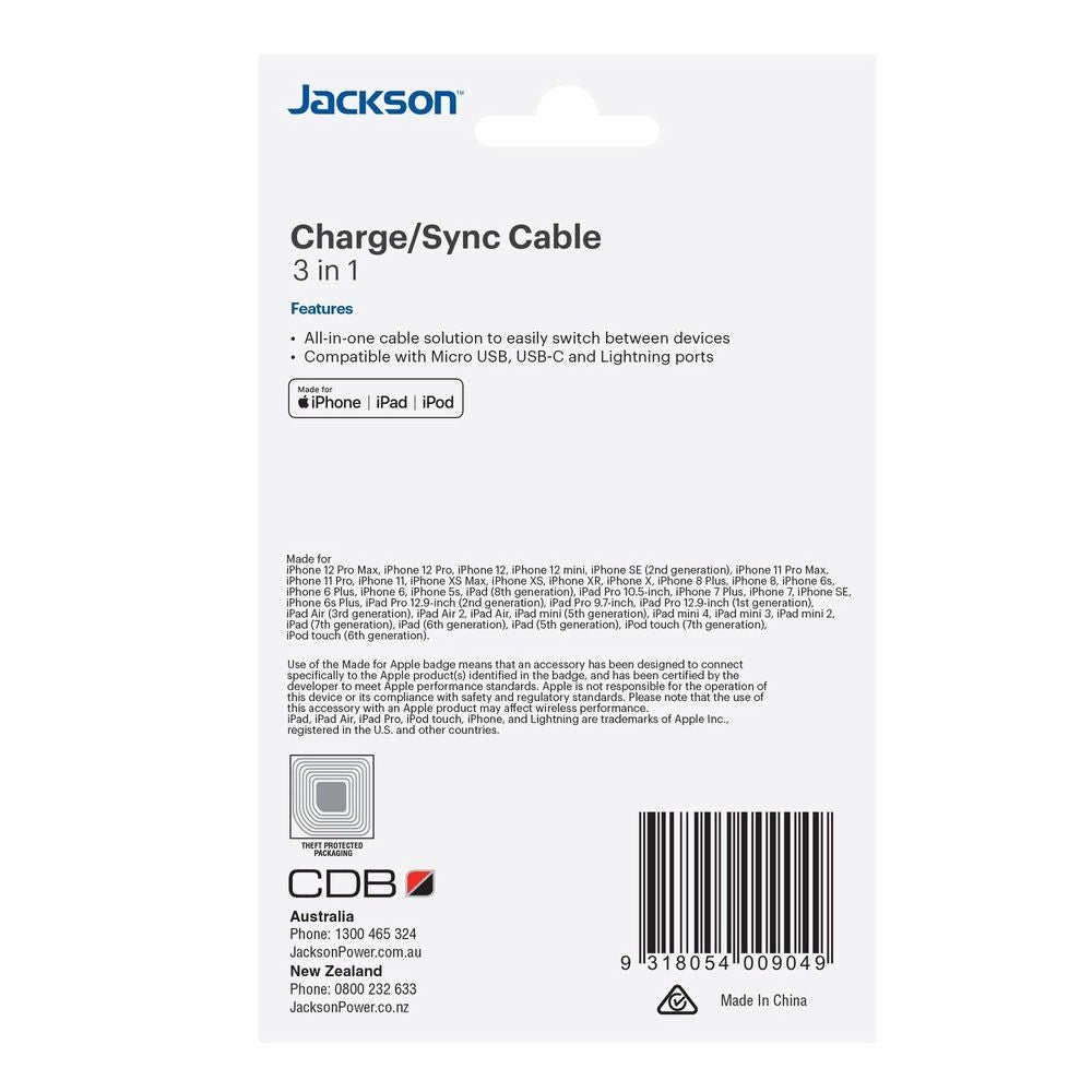 AV1118 JACKSON 1m MFi Certified 3-in-1 Sync & Charge Cable.