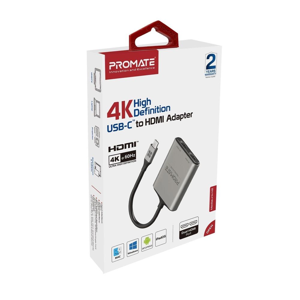 MEDIALINK-H2 - Promate 4K USB-C Connector to Dual HDMI Adapter.