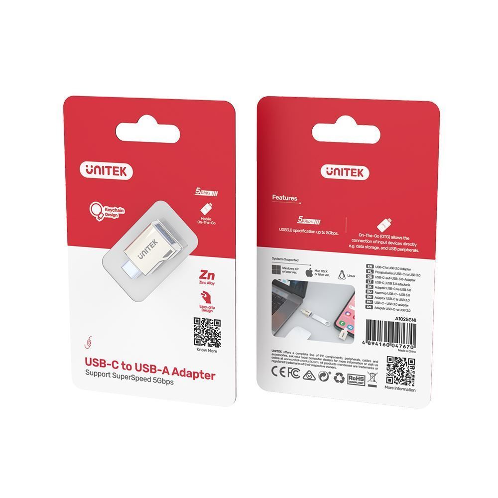 A1025GNI - Unitek USB-C Male to USB-A Female Ultra-Tiny Adaptor with Easy
