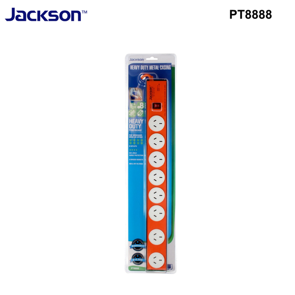 PT8888 - Jackson 8 Outlet Powerboard with Heavy Duty Metal Housing, Surge Protection
