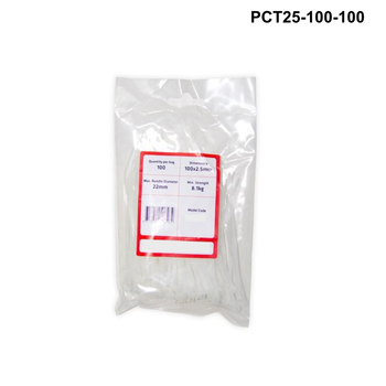 PCT25 - Plastic Cable Ties 2.5mm - 100mm to 200mm - Black or White options Plastic Cable Ties 2.5mm - L100mm - 100 pack - White