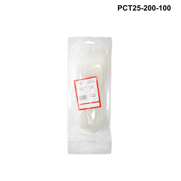 PCT25 - Plastic Cable Ties 2.5mm - 100mm to 200mm - Black or White options Plastic Cable Ties 2.5mm - L200mm - 100 pack - White
