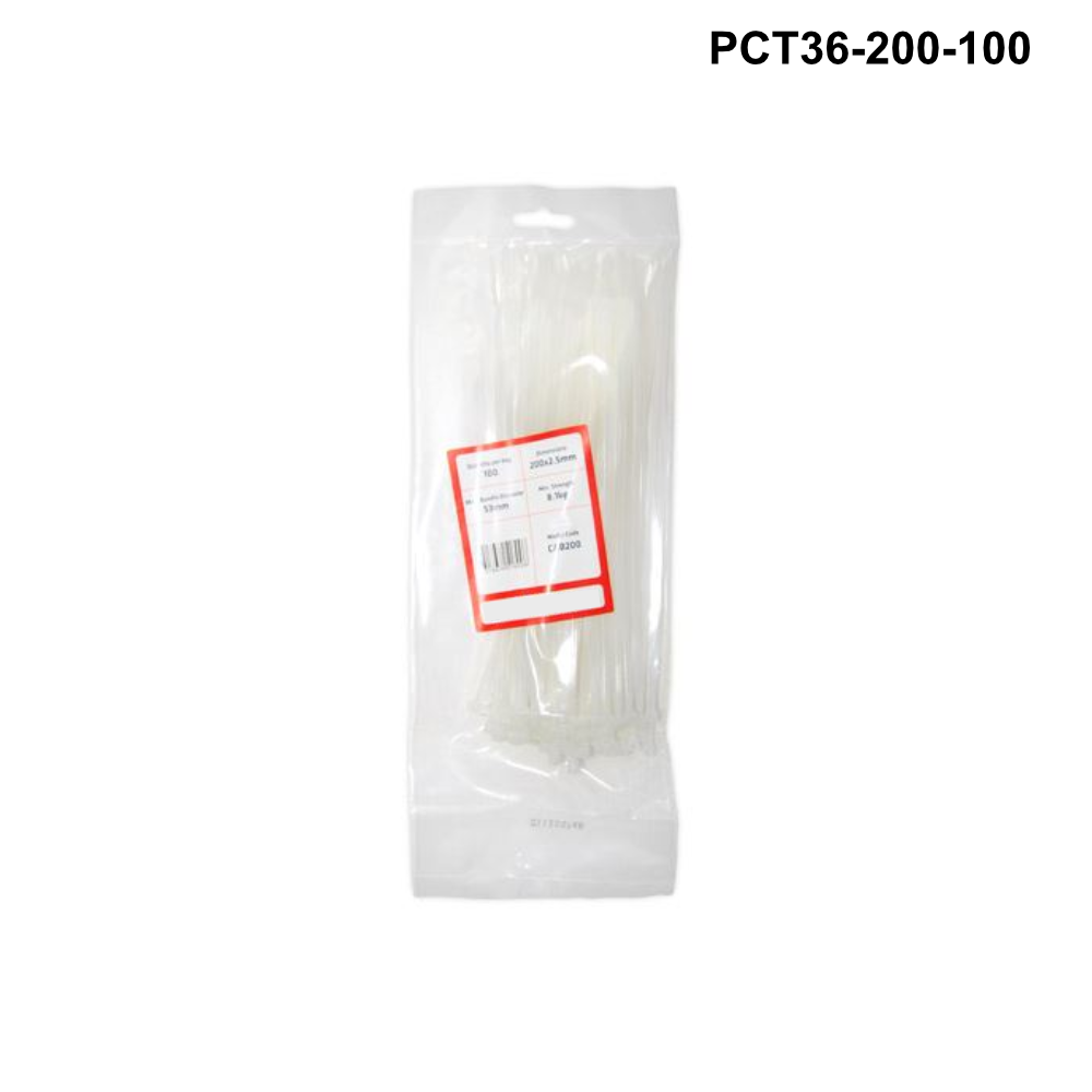 PCT36 - Plastic Cable Ties 3.6mm - 200mm - White - 100 or 1000 pack Plastic Cable Ties 3.6mm - L200mm - 100 pack - White