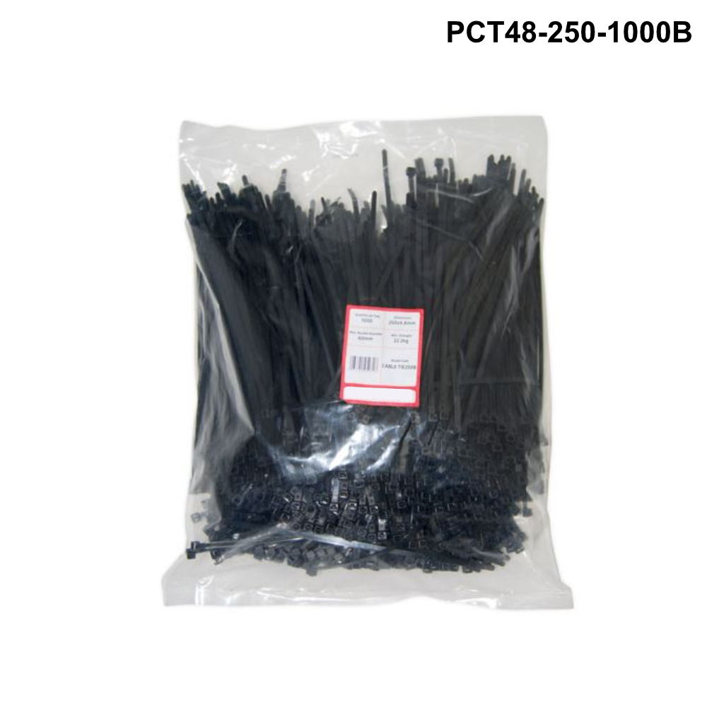 PCT48 - Plastic Cable Ties 4.8mm - 250mm - Black or White options Plastic Cable Ties 2.5mm - L250mm - 1000 pack - Black