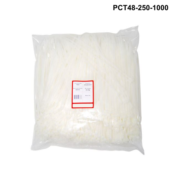 PCT48 - Plastic Cable Ties 4.8mm - 250mm - Black or White options Plastic Cable Ties 4.8mm - L250mm - 1000 pack - White