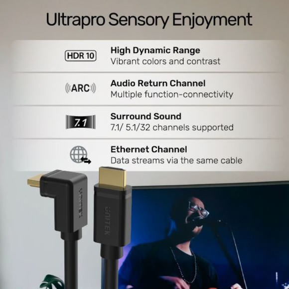 Y-C100 - UNITEK 2m or 3m 4K HDMI 2.0 Right Angle Cable with 90/270 Degree Elbow