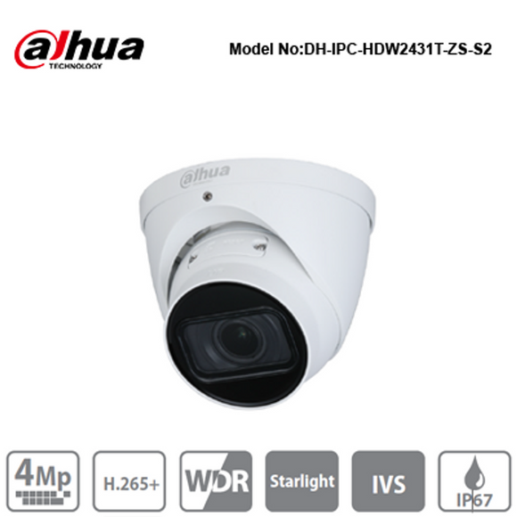IPC-HDW2431RP-ZS - Dahua - 4MP IP Turret Camera, Starlight, IVS, 2.7-13.5mm Motorized lens, IP67, IR40m