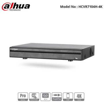 HCVR7104H-4K - Dahua - Pro Series HD-CVI 4CH Penta-brid 4MP, 4K 1U Recorder (NO HDD)