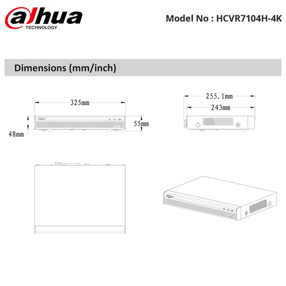 HCVR7104H-4K - Dahua - Pro Series HD-CVI 4CH Penta-brid 4MP, 4K 1U Recorder (NO HDD)