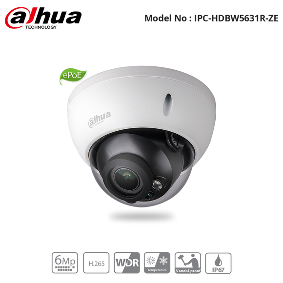 IPC-HDBW5631R-ZE - Dahua - 6MP WDR Dome Camera, 2.7-13.5mm Motorised Zoom Lens, IR 50m, ePoE