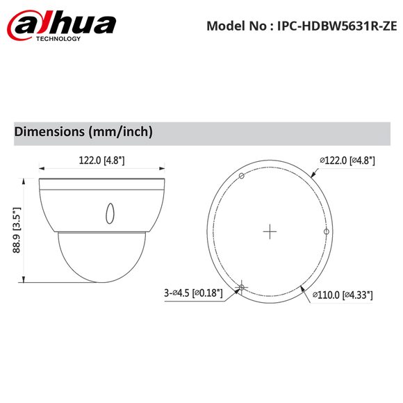 IPC-HDBW5631R-ZE - Dahua - 6MP WDR Dome Camera, 2.7-13.5mm Motorised Zoom Lens, IR 50m, ePoE