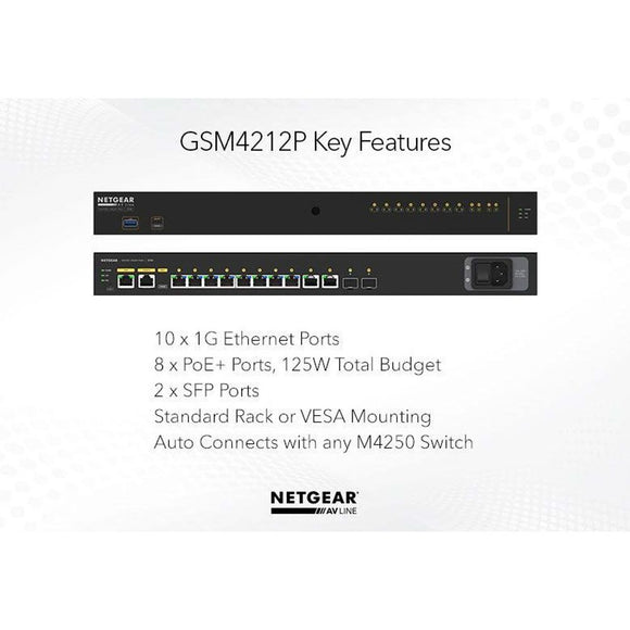 GSM4212P - Netgear AV Line M4250-10G2F-PoE+ 8x1G PoE+ 125W 2x1G and 2xSFP Managed Switch