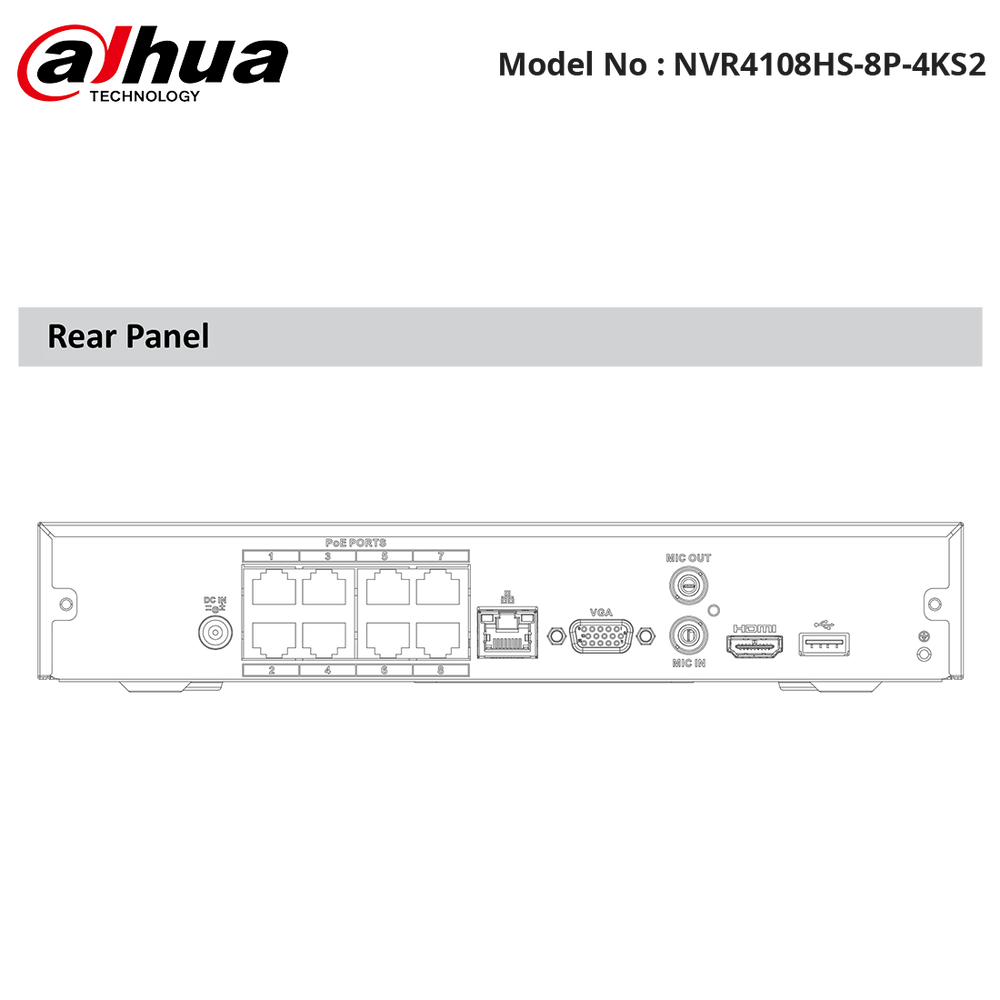 NVR4108HS-8P-4KS2 - Dahua - Lite Series NVR 8ch 1U 8PoE 4K&H.265