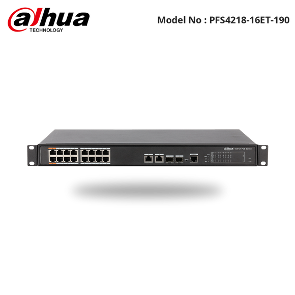 PFS4218-16ET-190 - Dahua - 16 PoE port + 2GE (combo) SFP switch PoE, PoE+, Hi PoE, 190watts